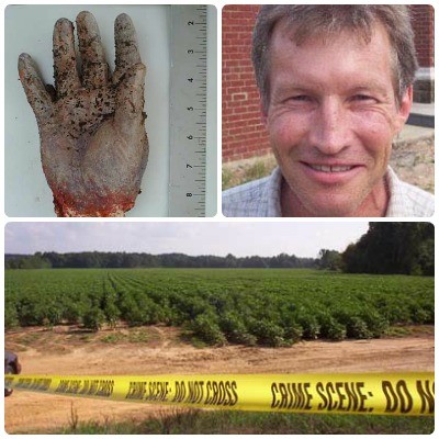collage with the severed hand in the upper left, Andrew Fine in the upper right, and the cotton field where his body was found across the bottom